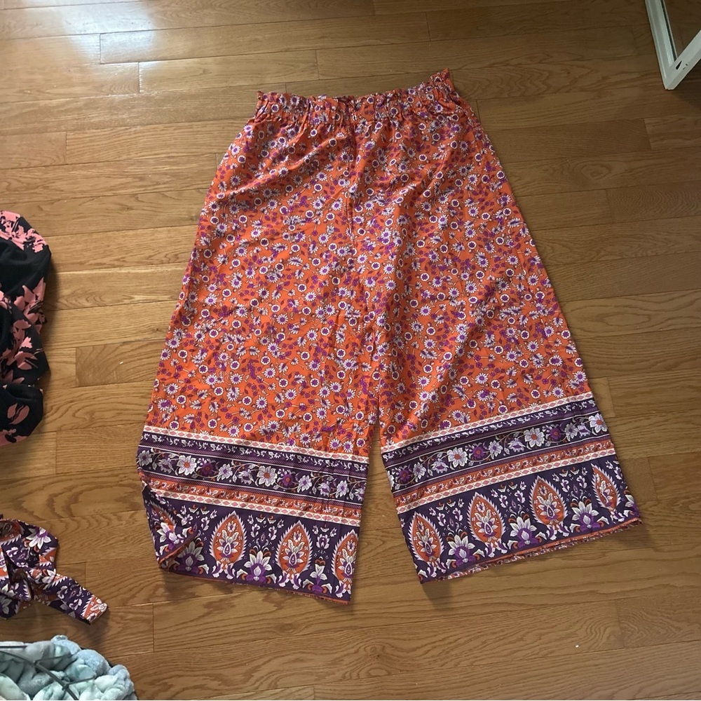 SHEIN Orange and Purple Floral Wide-Leg Pants